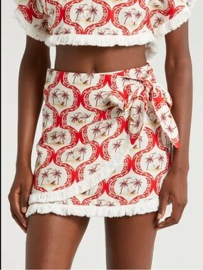 Farm Rio Tropical Palm Print Fringe Wrap Mini Skirt Coverup Large